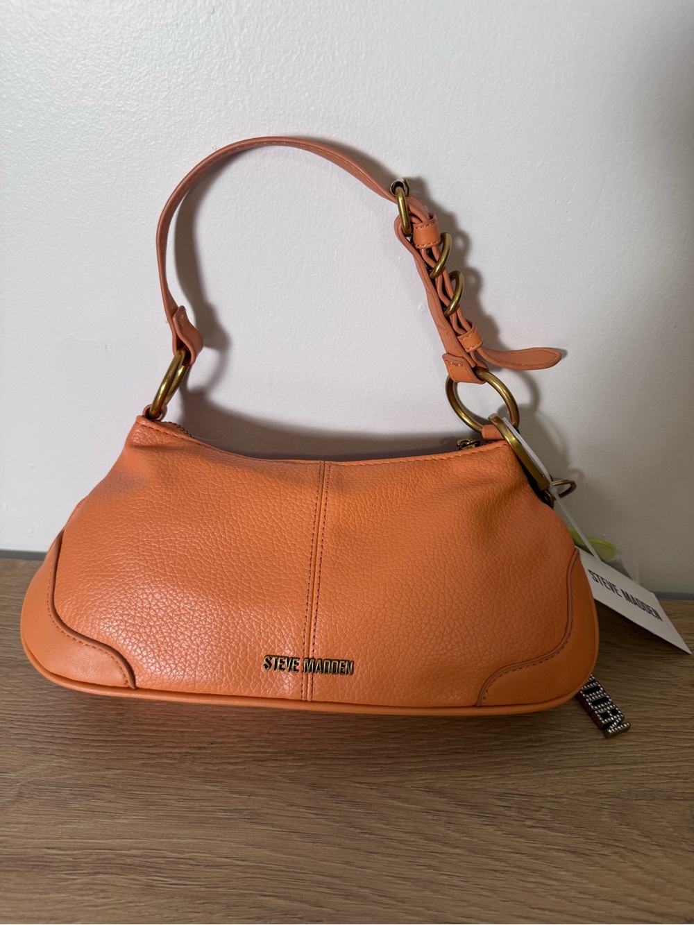 Steve Madden Orange Pebble-Textured Shoulder Bag with Chain Detail